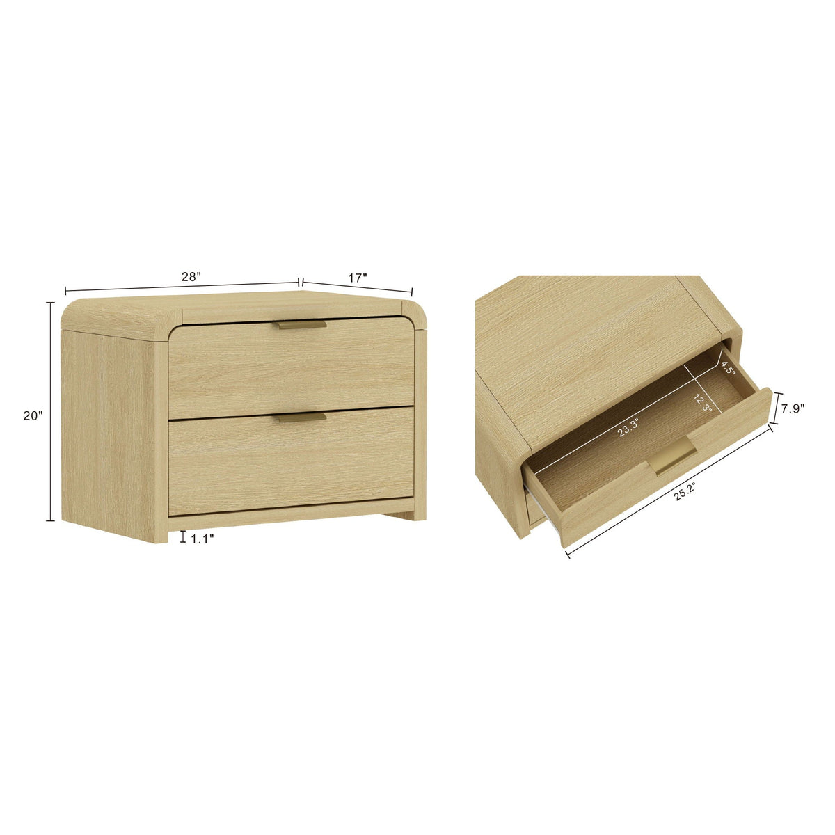 Modern Minimalist Solid Wood Nightstand with Two Drawers - Light Brown or Black