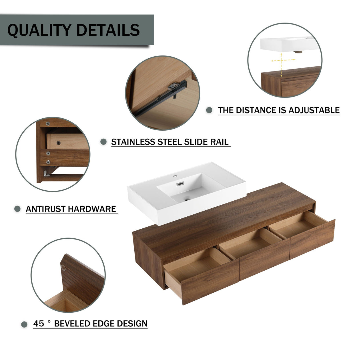 Brown Ebony Wall Mounted Bathroom Vanity with Resin Sink – 58.7" Wide