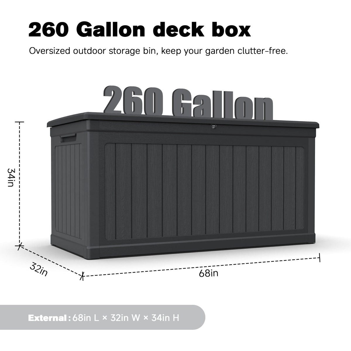 260 Gallon Large Outdoor Storage Deck Box with Lockable Lid - Black