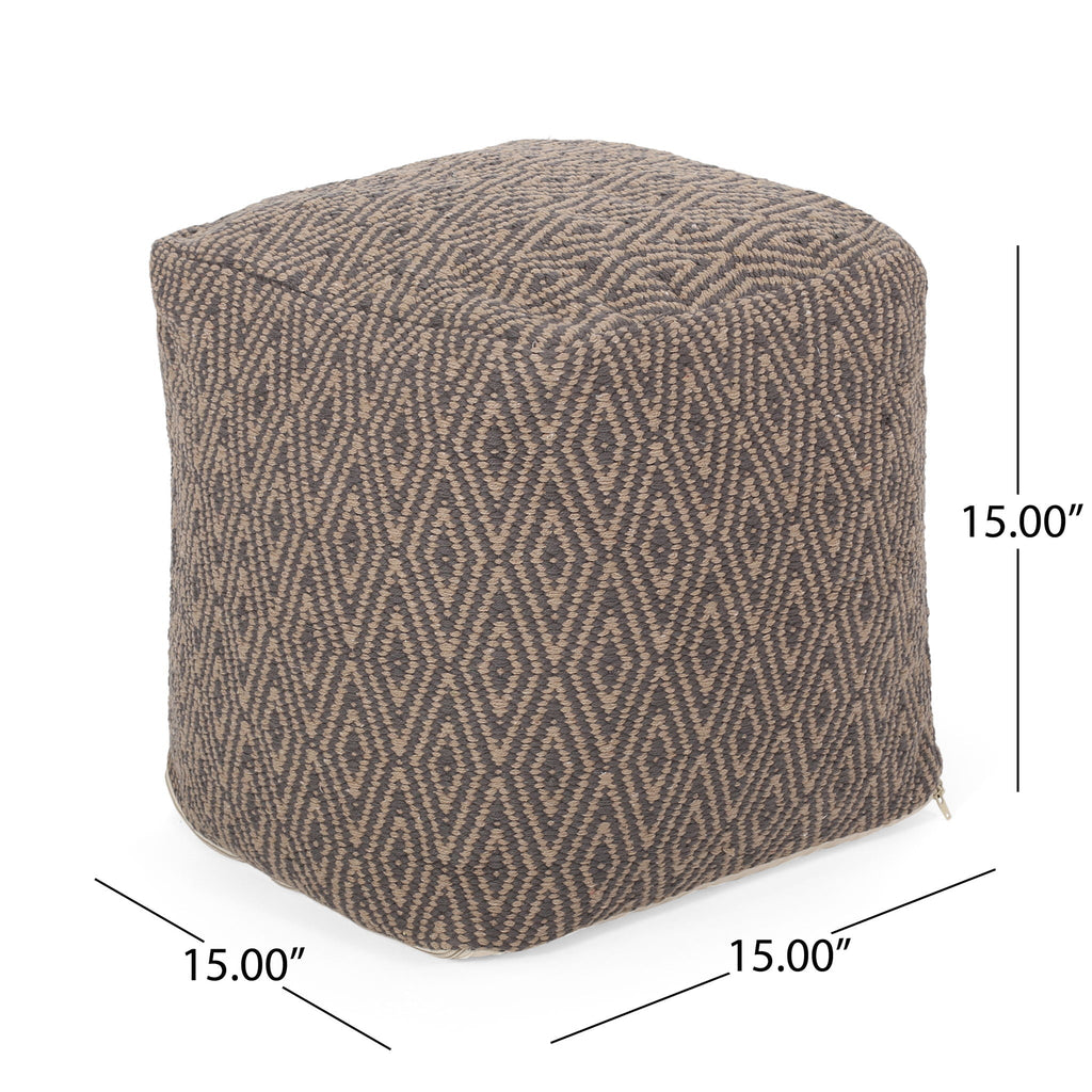 Hand Loomed Cotton Pouf with Polystyrene Fill - Dark Gray / Brown