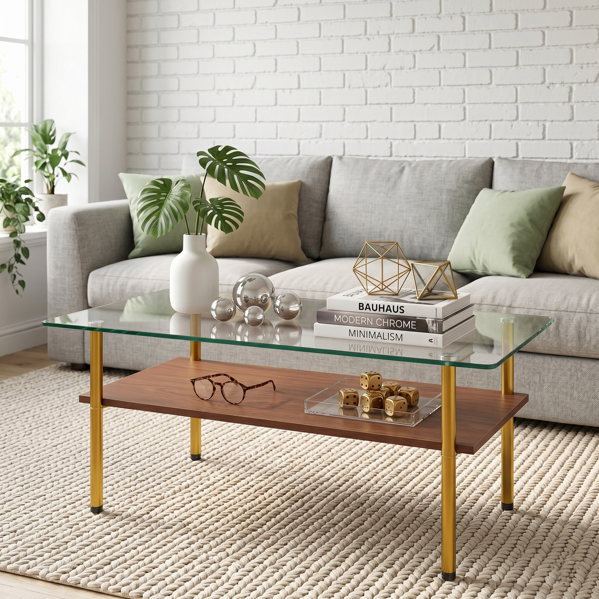 Modern Glass Coffee Table and End Tables Set of 3 with Golden Metal Legs
