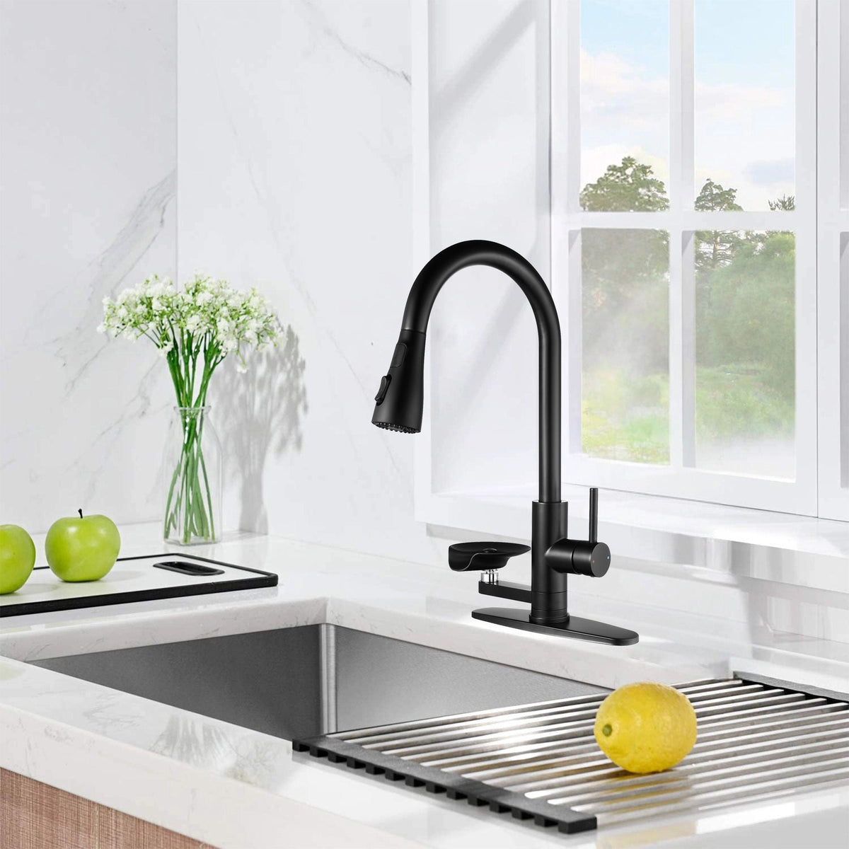 3-in-1 Kitchen Faucet with LED Temperature Display - Matte Black
