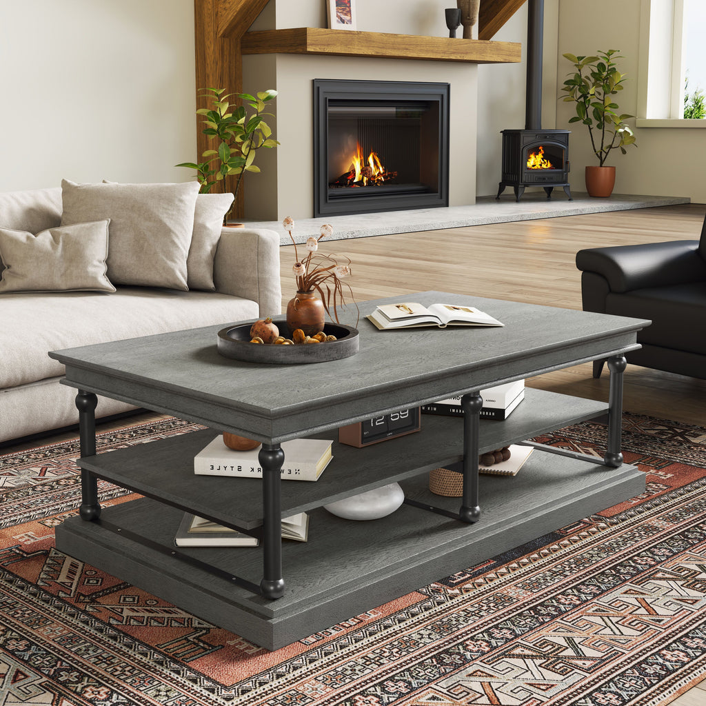 Wood Coffee Table with Storage Shelves - Black + Gray