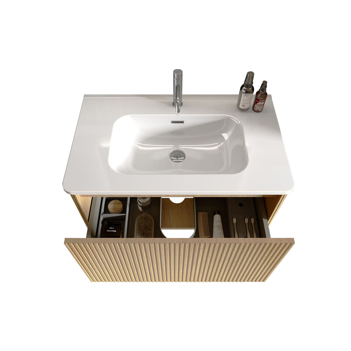 Striped Bathroom Vanity with Ceramic Sink - Wall Mounted, Floating, Curved Safety Edges