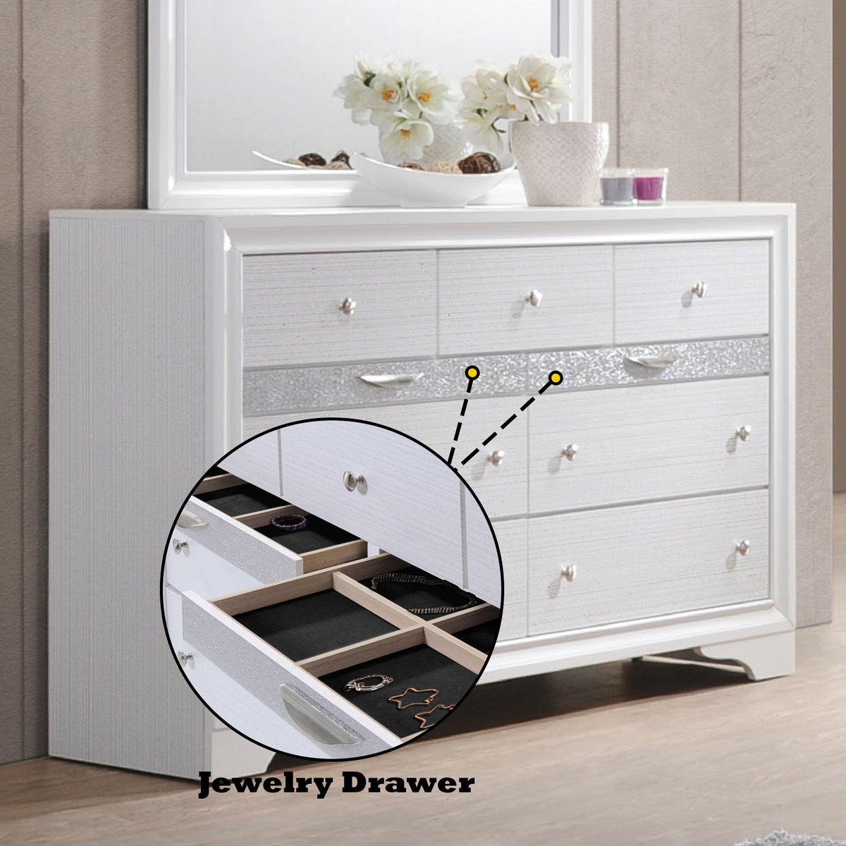 Naima Versatile Storage Dresser with Felt-Lined Jewelry Drawer – White or Black