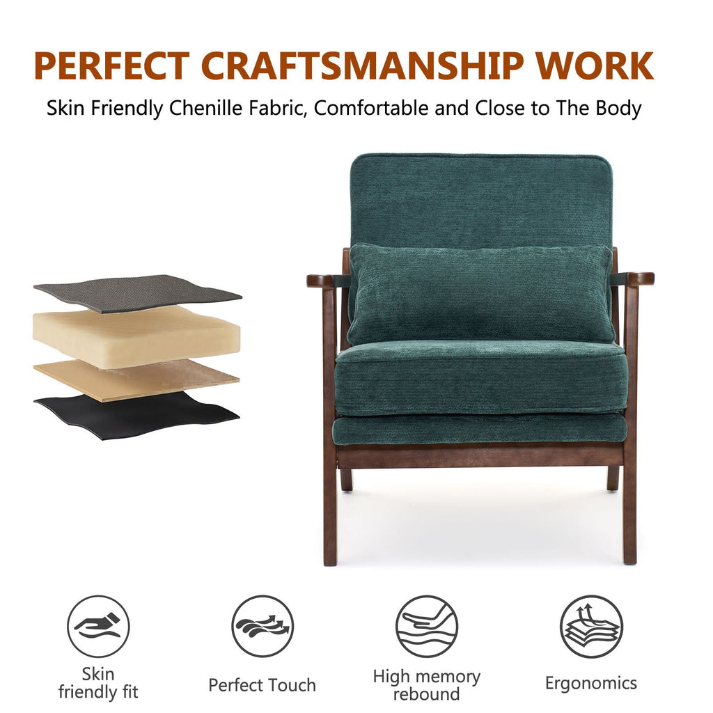 Living Room Chair with Lumbar Pillow and Solid Wood Frame - Dark Gray, Dark Green, Beige