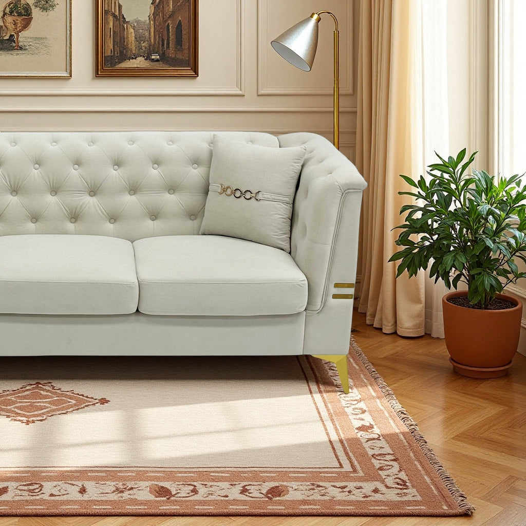 Modern Velvet Upholstered Sofa Set with Tufted Backrest - Cream White