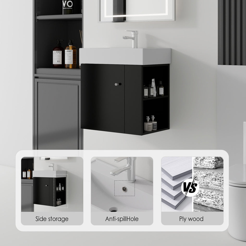 21.6 Inch Floating Bathroom Vanity with Ceramic Sink - Black, White, Oak, Brown