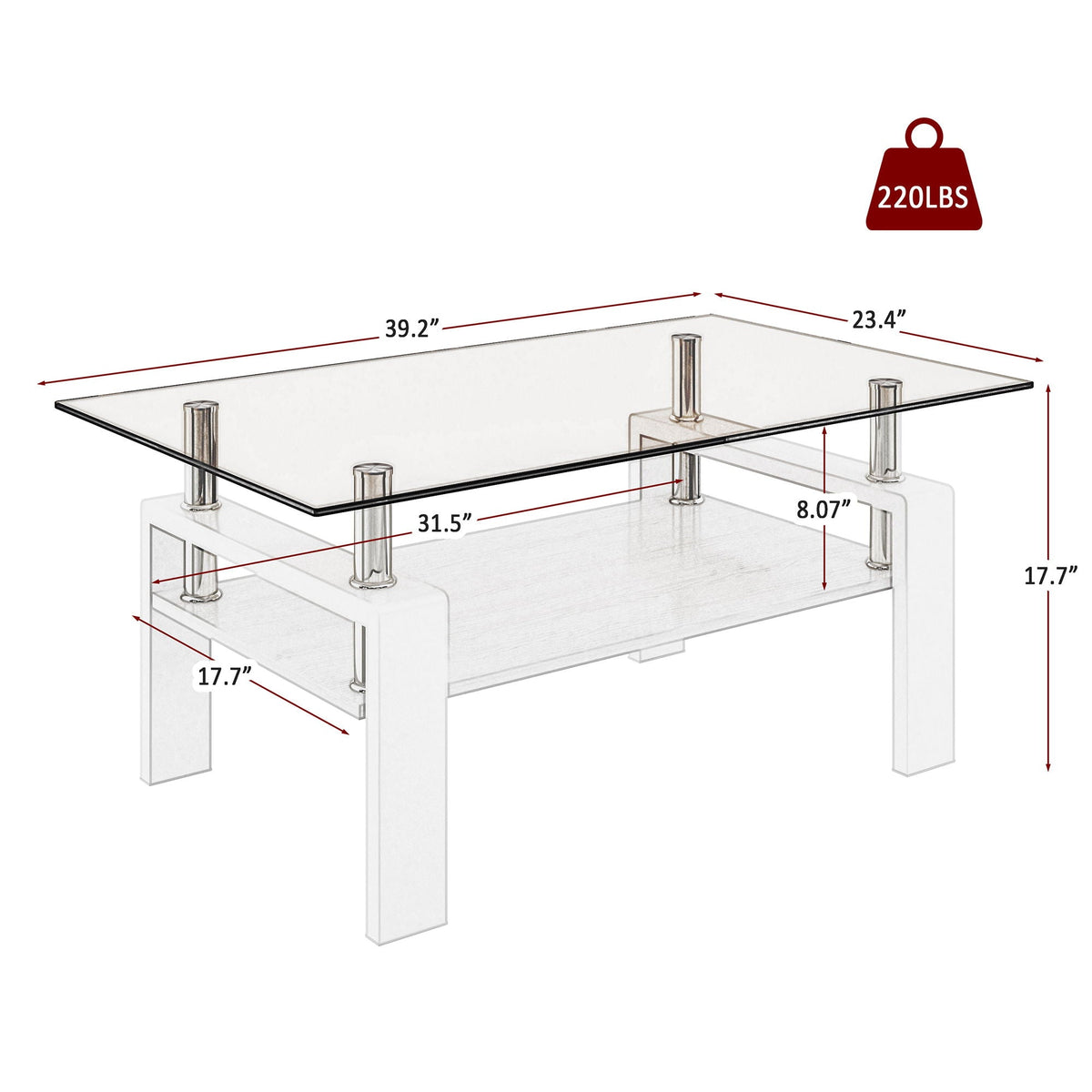 Modern Rectangular Coffee Table with Glass Top and Storage Shelf - White, Gray, Dark Gray, Dark Brown