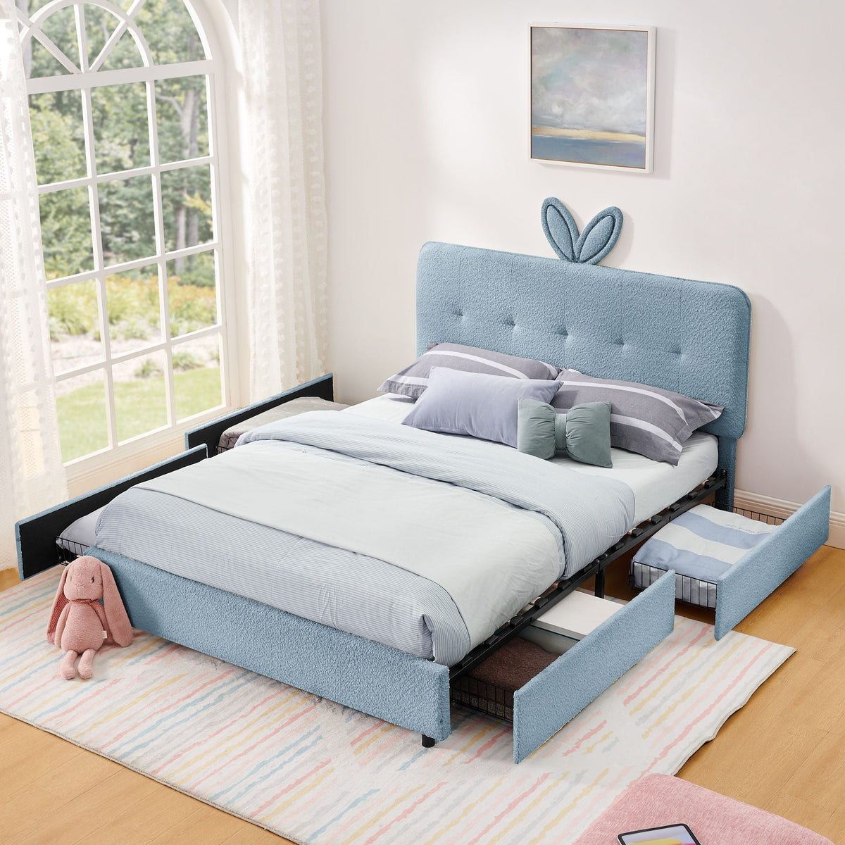 Upholstered Storage Bed with Oversized Rabbit Ear Headboard & LED Lights - Beige or Light Blue