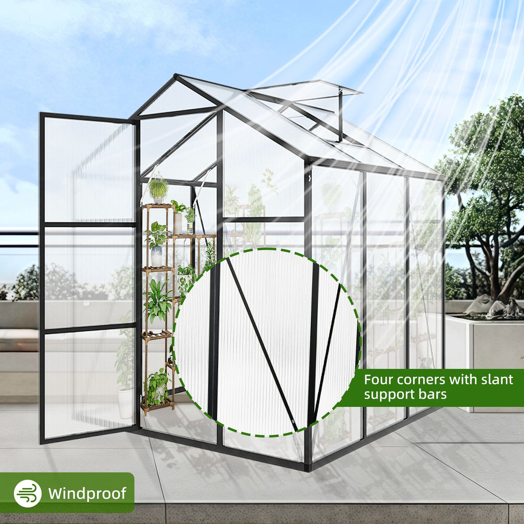 Windproof Greenhouse with Raised Base - Polycarbonate Panels - Black