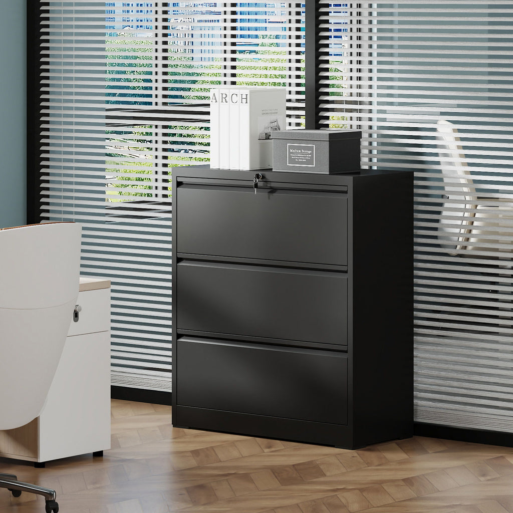 Black Lateral File Cabinet with Heavy Duty Locking Drawers