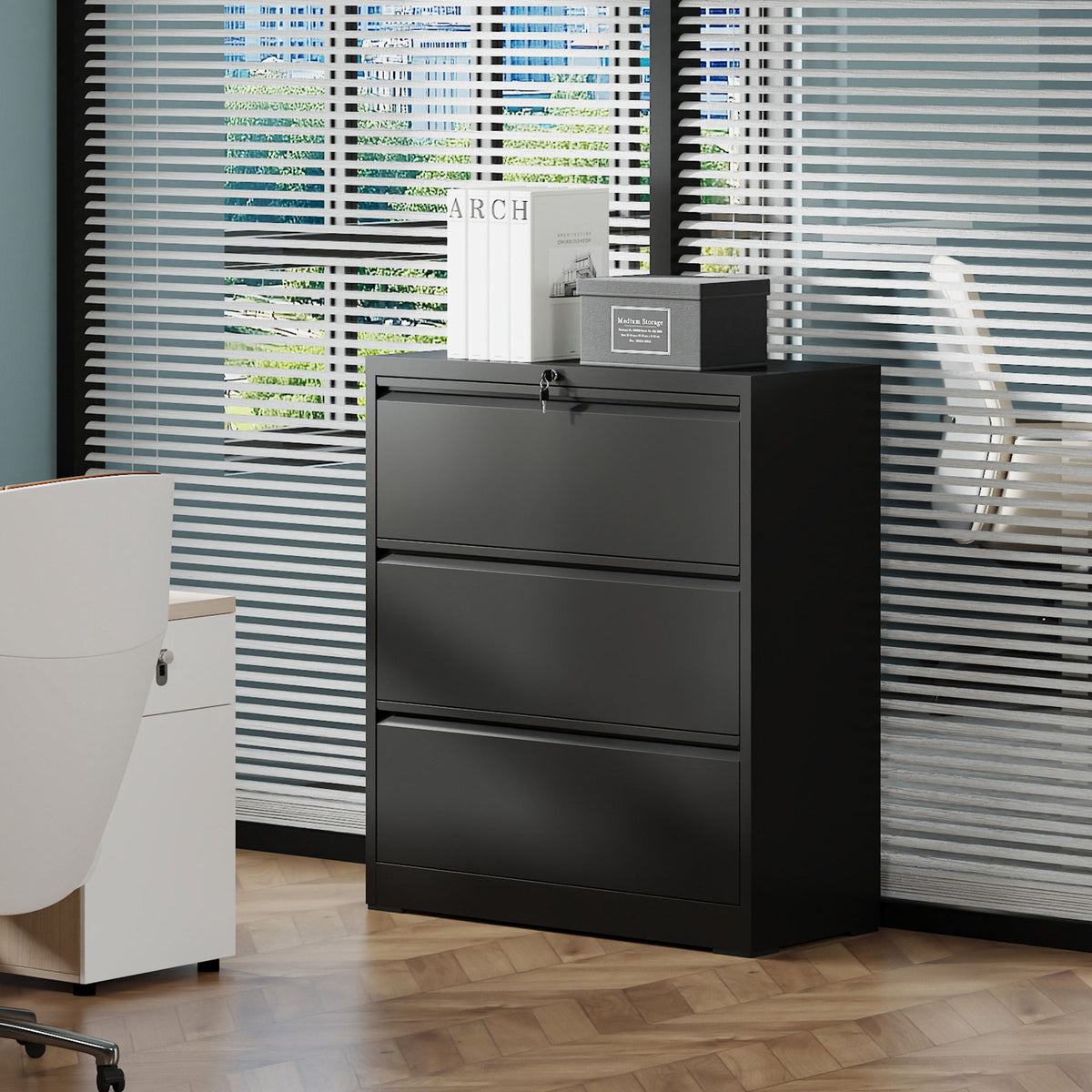 Black Lateral File Cabinet with Heavy Duty Locking Drawers