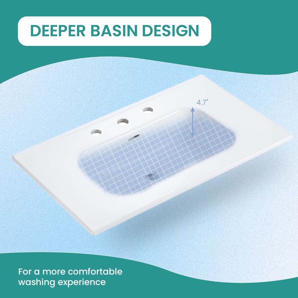 Glossy White Ceramic Integrated Sink with Seamless Design - White