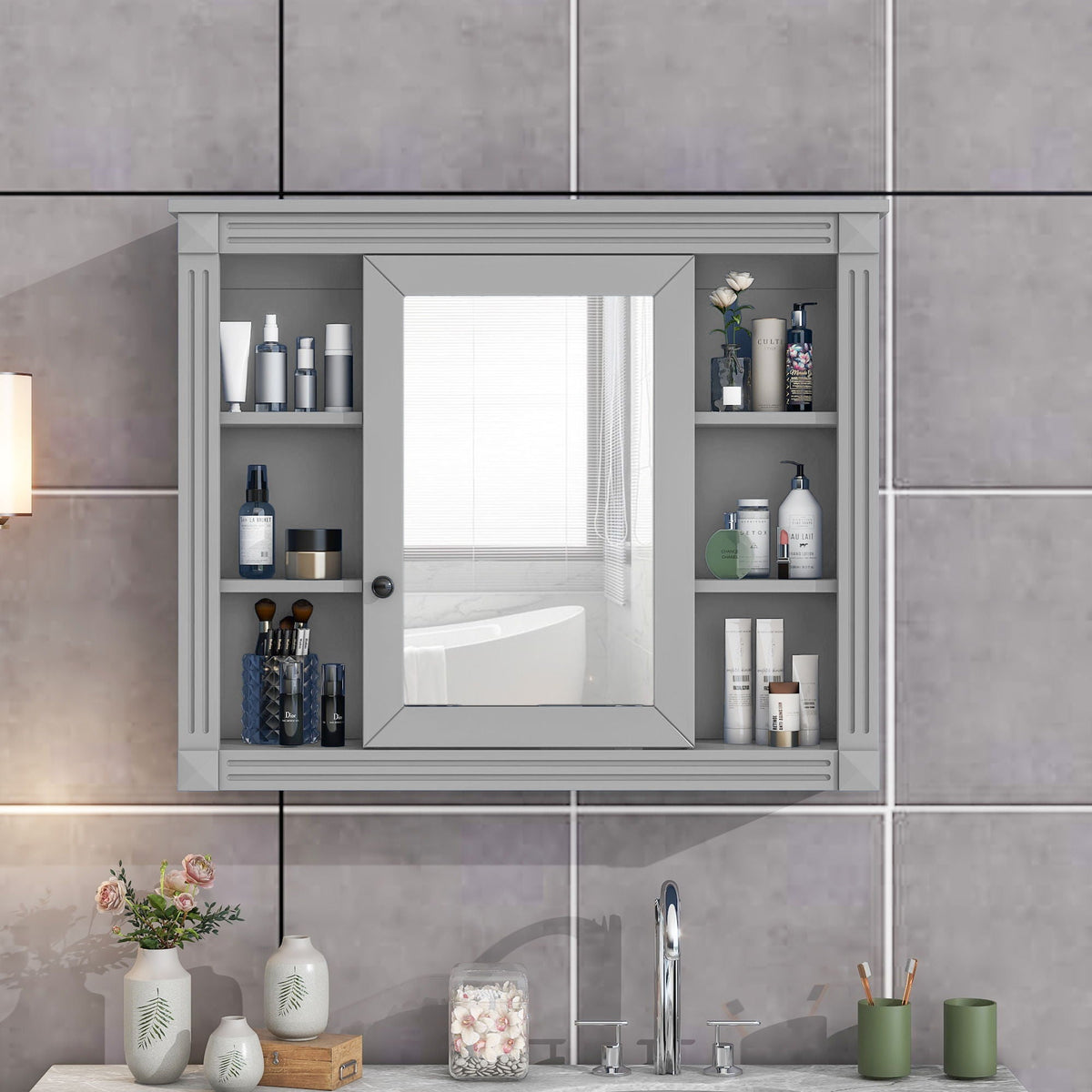 Wall Mounted Bathroom Storage Cabinet with Mirror - Blue, White, or Dark Gray