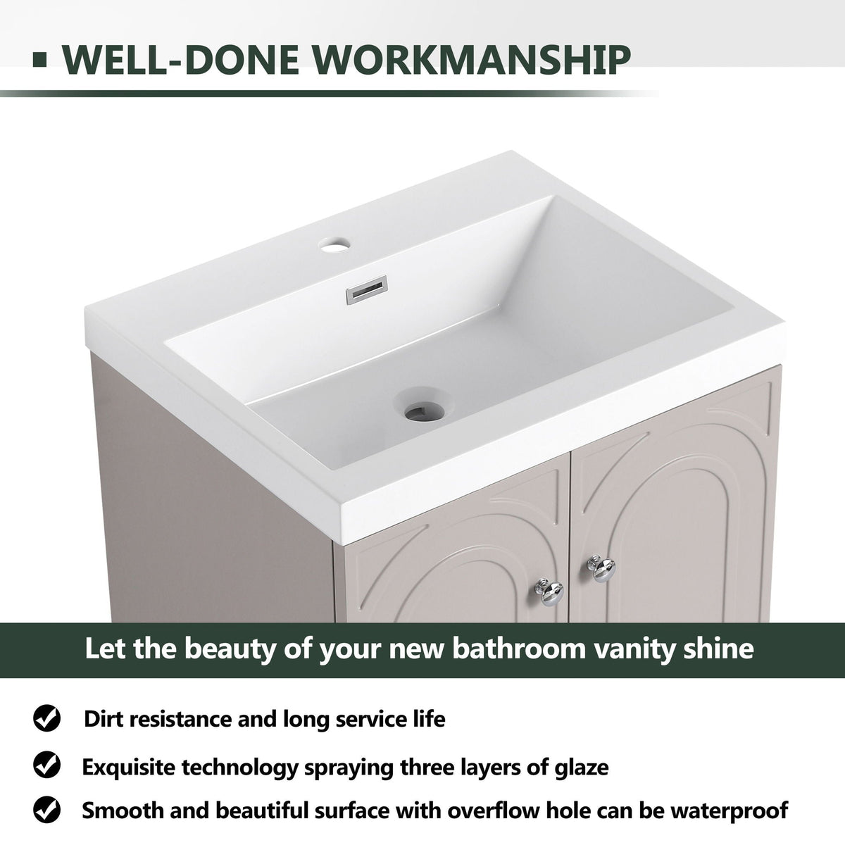 Contemporary Freestanding Bathroom Vanity with Resin Sink & Soft-Close Cabinet Doors - White, Dark Green, or Pearl