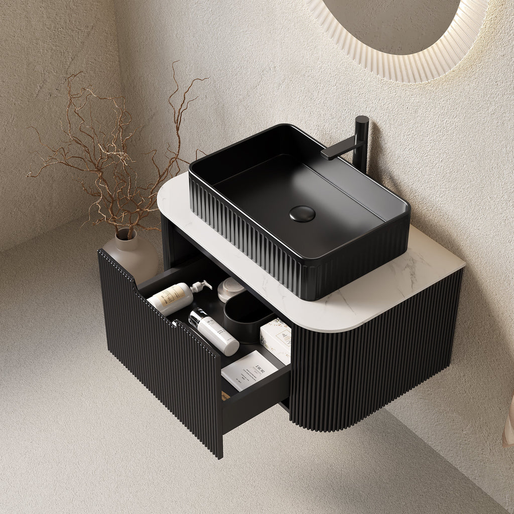 30" Floating Bathroom Vanity with Ceramic Basin & Storage - Black, Carrara White, White