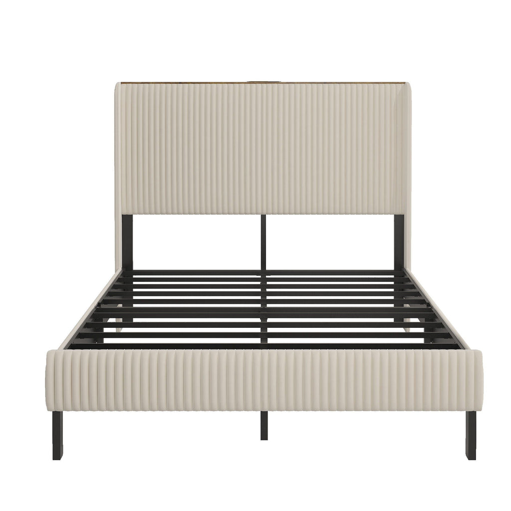 Beige Platform Bed with Metal Frame and USB Charging Station