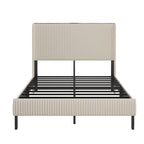 Beige Platform Bed with Metal Frame and USB Charging Station