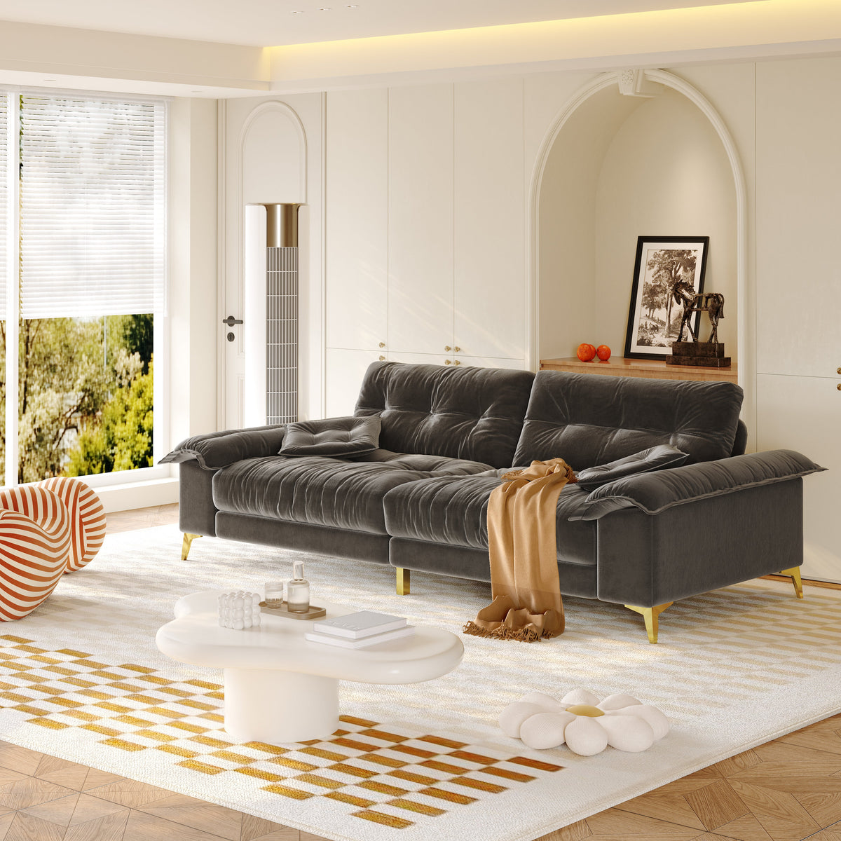 Modern 4-Seater Cloud Sofa with Wide Flip Armrests - Chenille