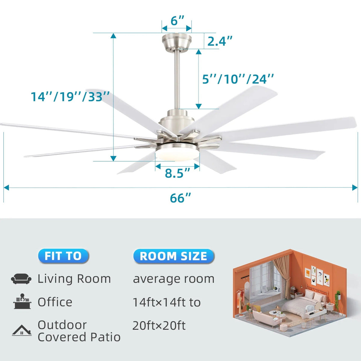 Ceiling Fan with Dimmable LED Light, 8 Blades, Remote Control - Black or White
