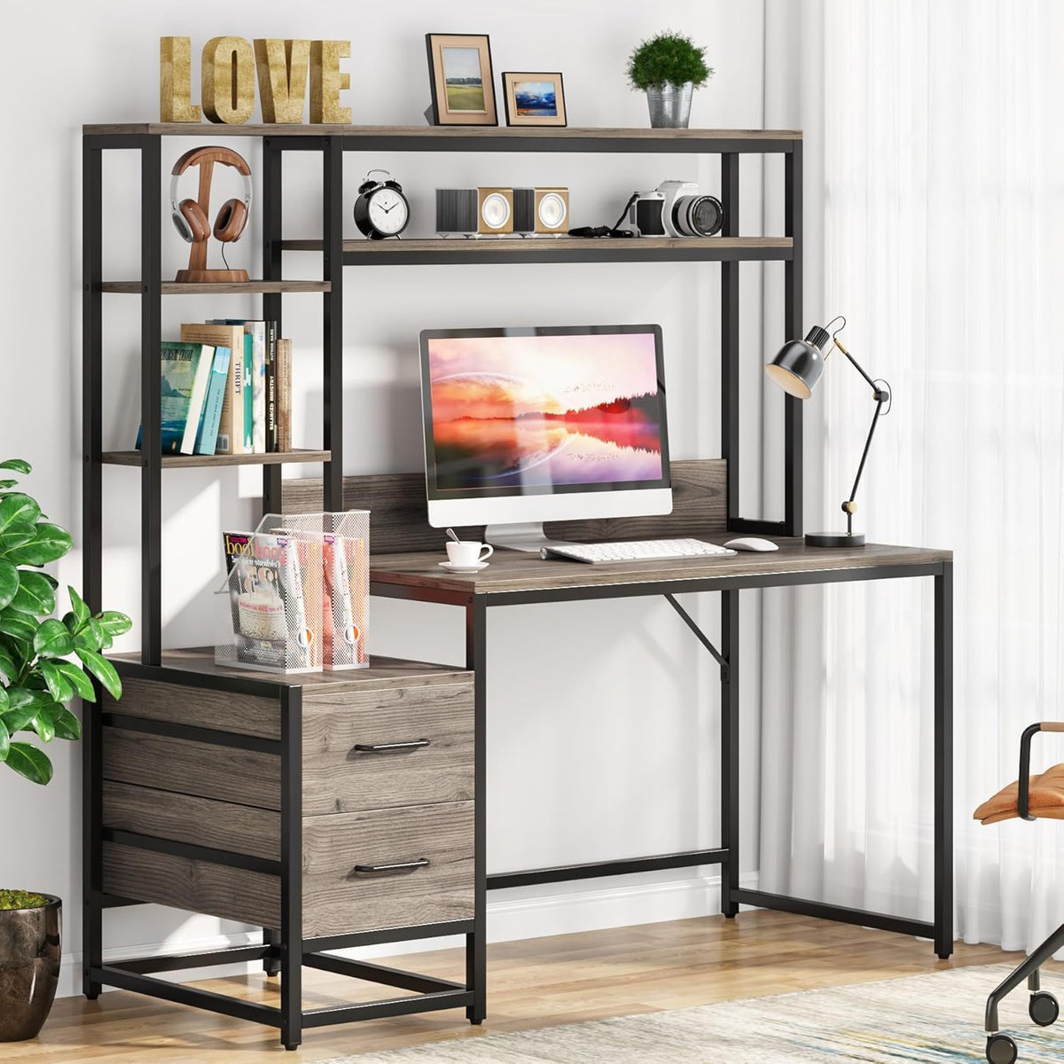 Computer Desk With Hutch, 2 Drawers & Open Shelves - Dark Gray or White