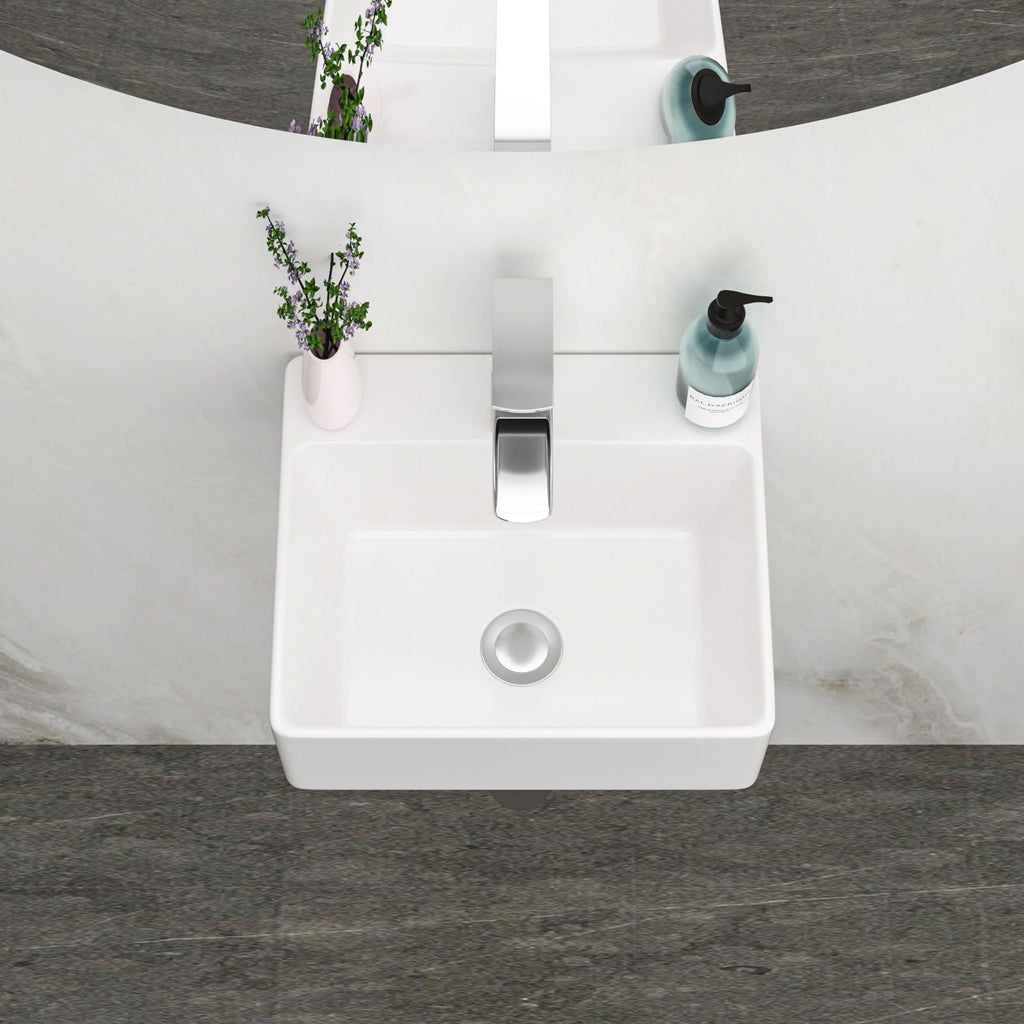 Ceramic Rectangle Wall Mount Bathroom Sink with Single Faucet Hole - White