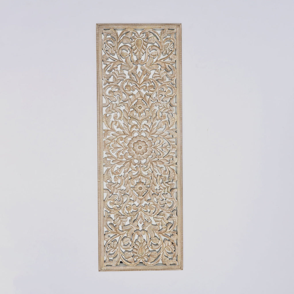 Floral Hand Carved Mandala Rectangle Wall Decor with Mirror - Antique Brown / White
