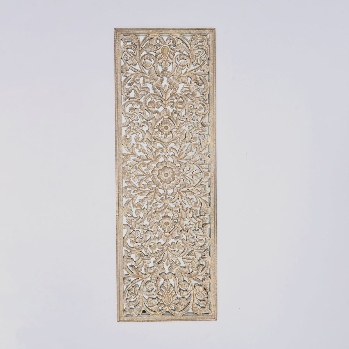 Floral Hand Carved Mandala Rectangle Wall Decor with Mirror - Antique Brown / White