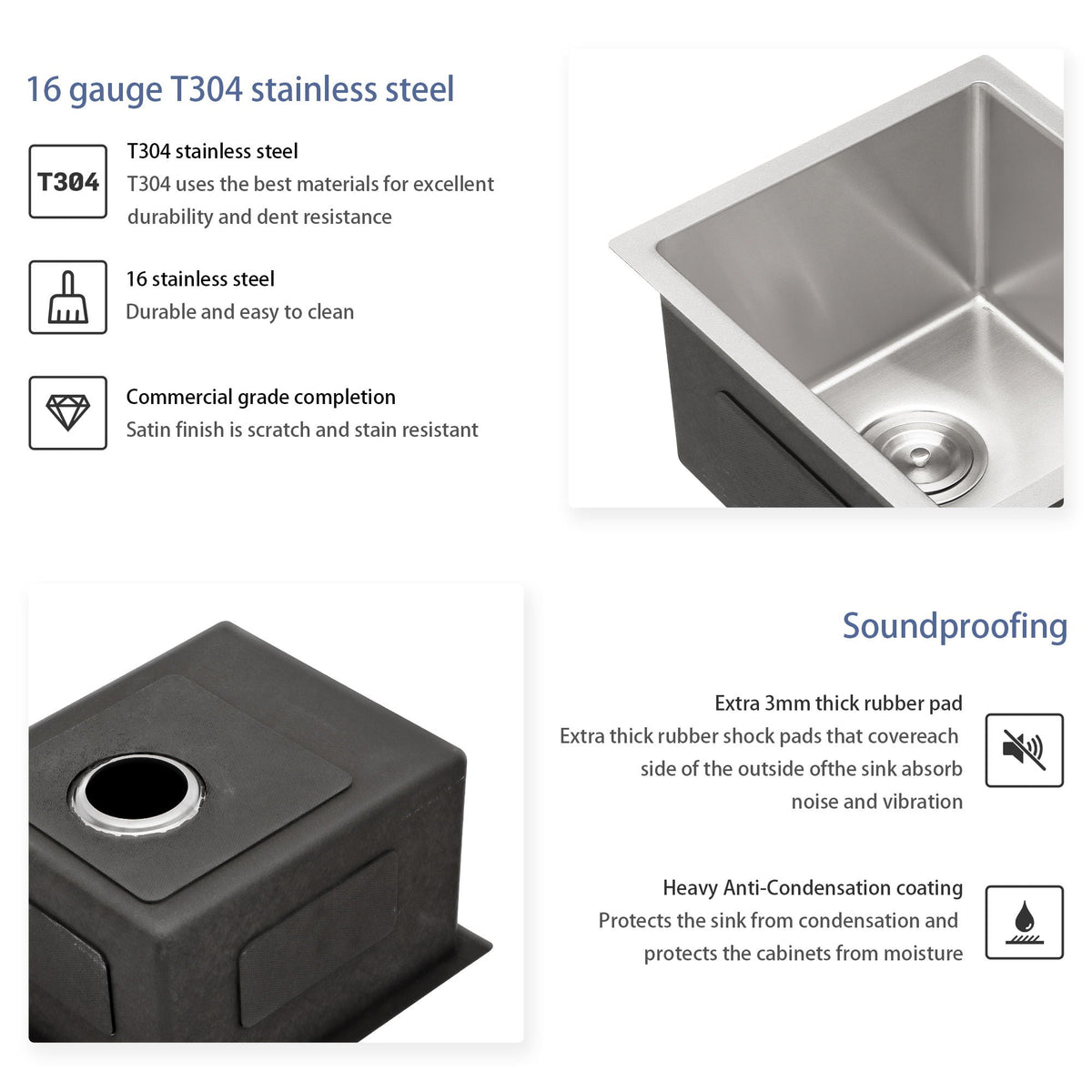 Undermount Stainless Steel Kitchen Sink with Deep Single Bowl - Gray