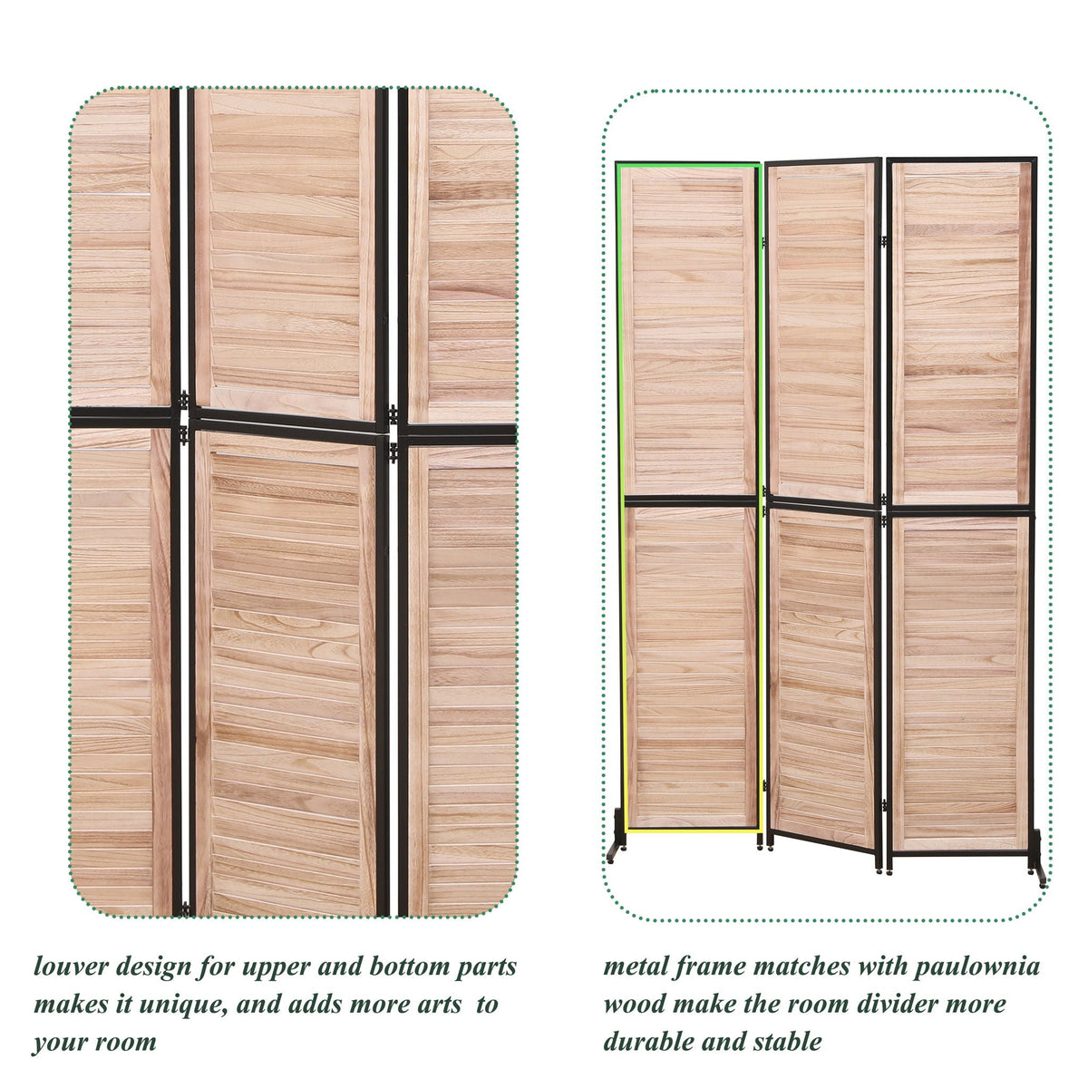 Rustic 3 Panel Room Divider with Metal Frame - Black or Light Brown