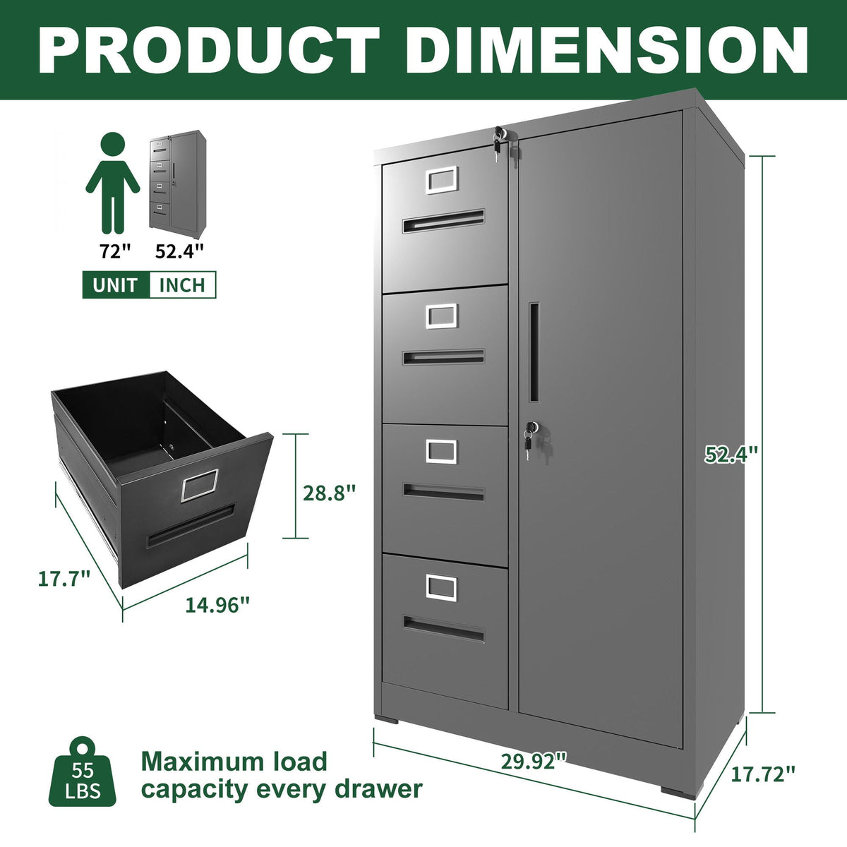 Metal Storage Filing Cabinet with Lock, 4 Drawers and 1 Door - Black or White