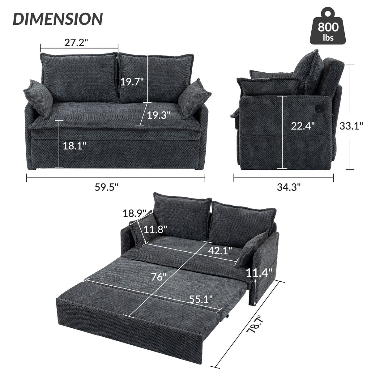 Convertible Sleeper Sofa Bed with Storage and USB/C Charging - Fabric