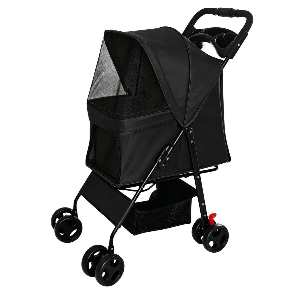 Foldable Pet Stroller with Mesh Panels and Storage Basket - Black, Pink, or Blue