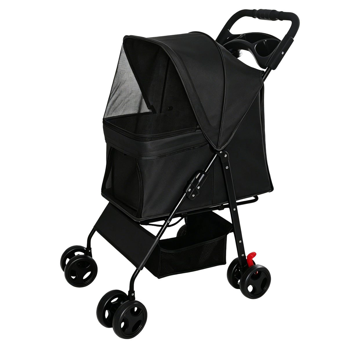 Foldable Pet Stroller with Mesh Panels and Storage Basket - Black, Pink, or Blue