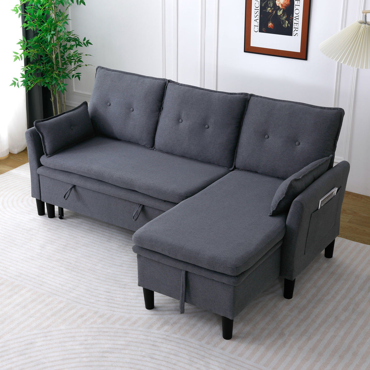 Reversible Chaise Sleeper Sectional Sofa with Storage - Cotton-Linen Upholstery