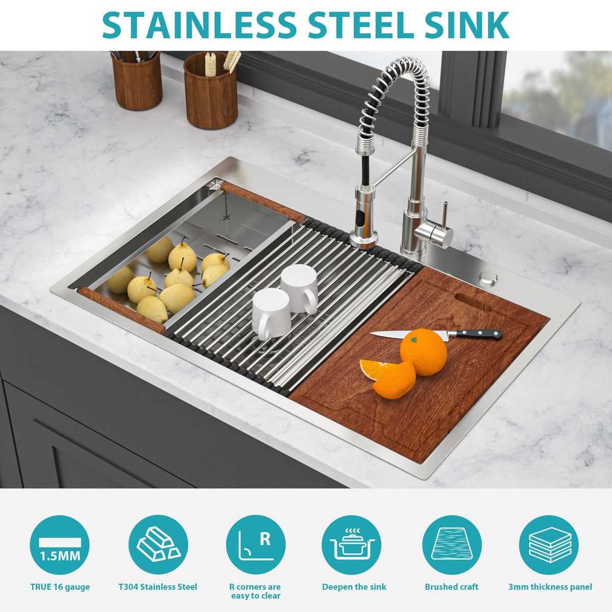 Gray Double Bowl Kitchen Sink with Durable Stainless Steel - Dual Mount