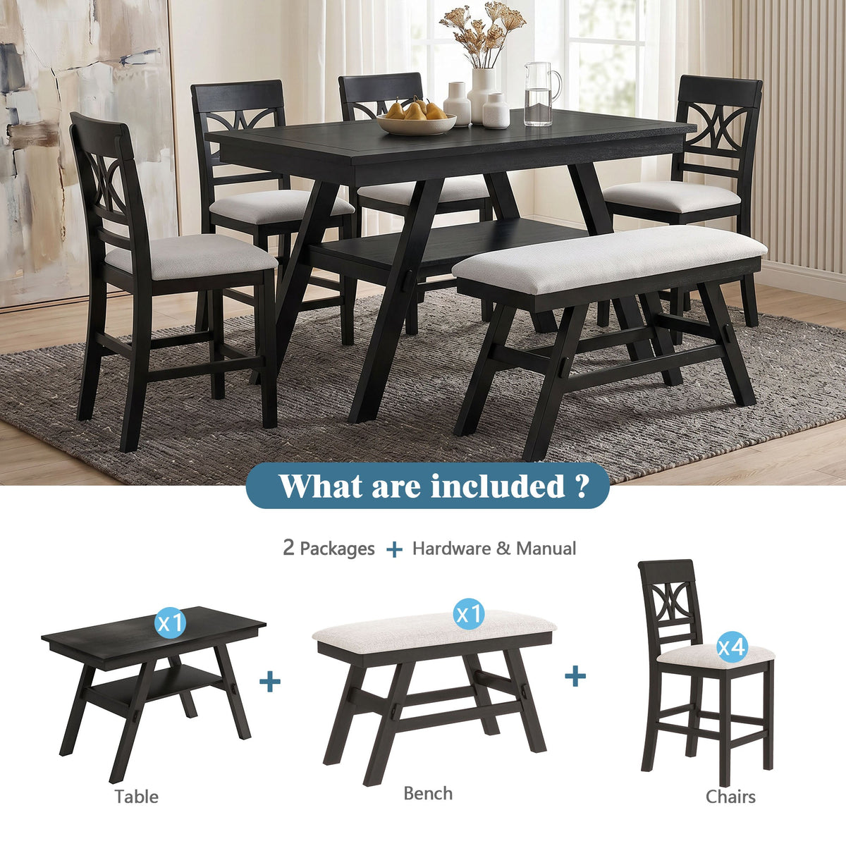 6 Piece Counter Height Dining Table Set with Storage Shelf - Espresso Wood