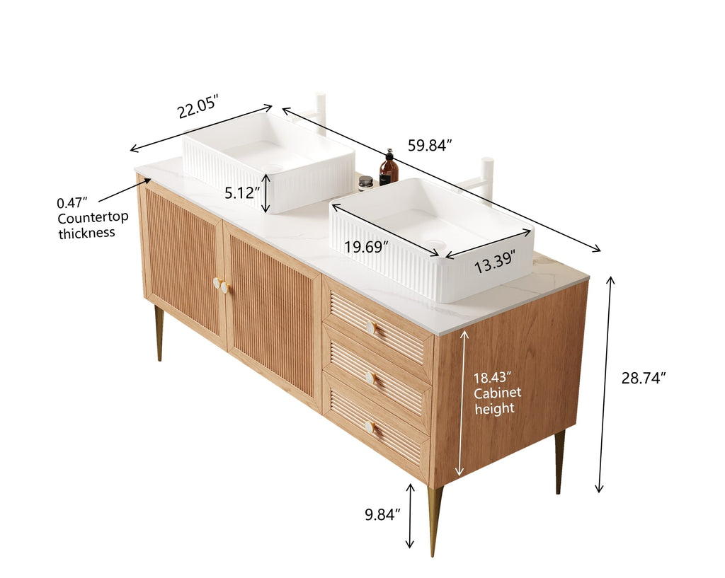 60" Bathroom Vanity with Double Ceramic Sinks - Oak Finish