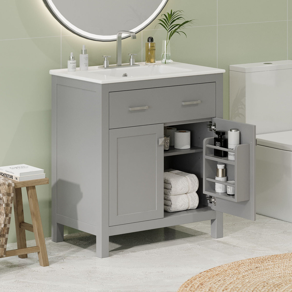 Modern Bathroom Vanity with Ceramic Sink and Soft Close Doors - Multiple Colors