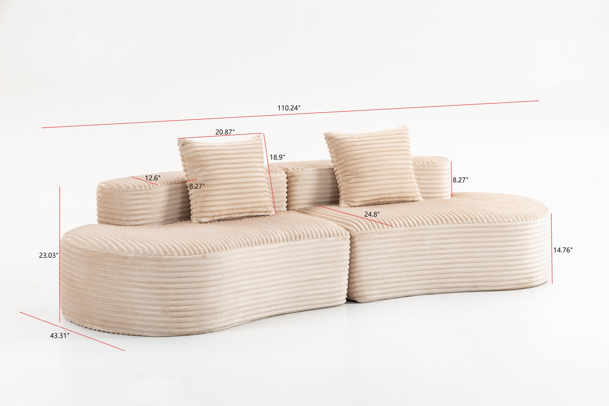 Corduroy 2-Seater Sofa with Lumbar Pillows - 110.24" Fully Compressed