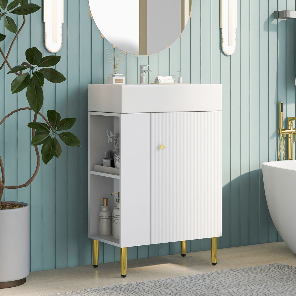Bathroom Vanity with Single Ceramic Sink and Side Storage - Multiple Colors