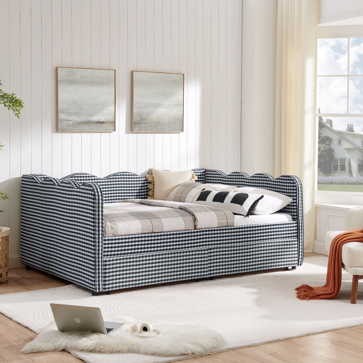 Gingham Daybed with USB Charging Port and Wave-Shaped Design - Multiple Colors