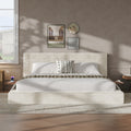 Off-White King Bed Frame with Adjustable Sliding Side Table and Cloud Cushion