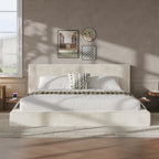 Off-White King Bed Frame with Adjustable Sliding Side Table and Cloud Cushion