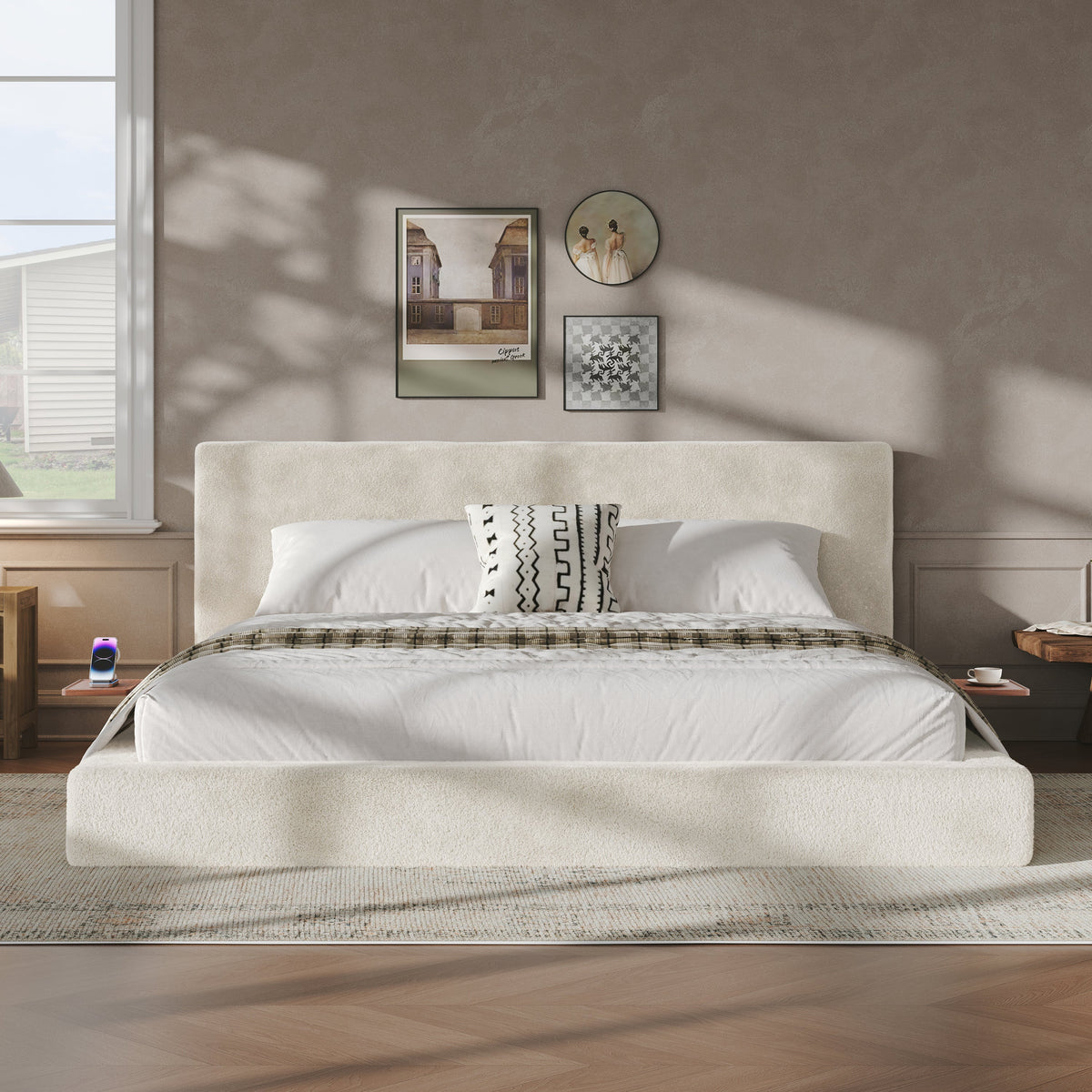 Off-White King Bed Frame with Adjustable Sliding Side Table and Cloud Cushion