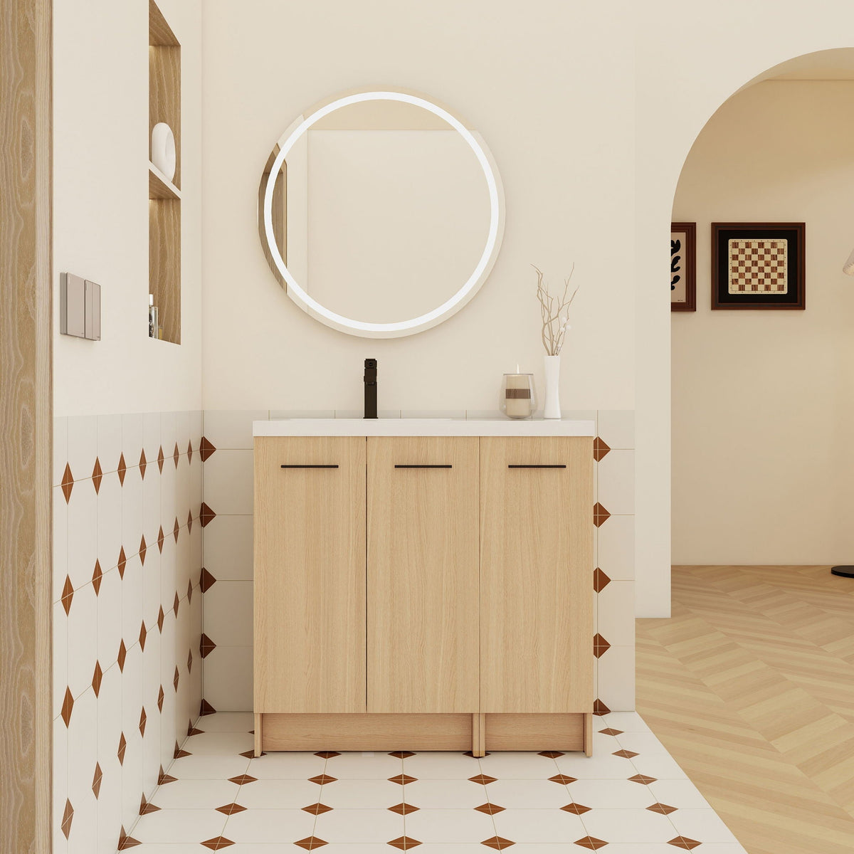 Wall Mounted Floating Bathroom Vanity with Modular 3-Door Cabinet - Light Brown