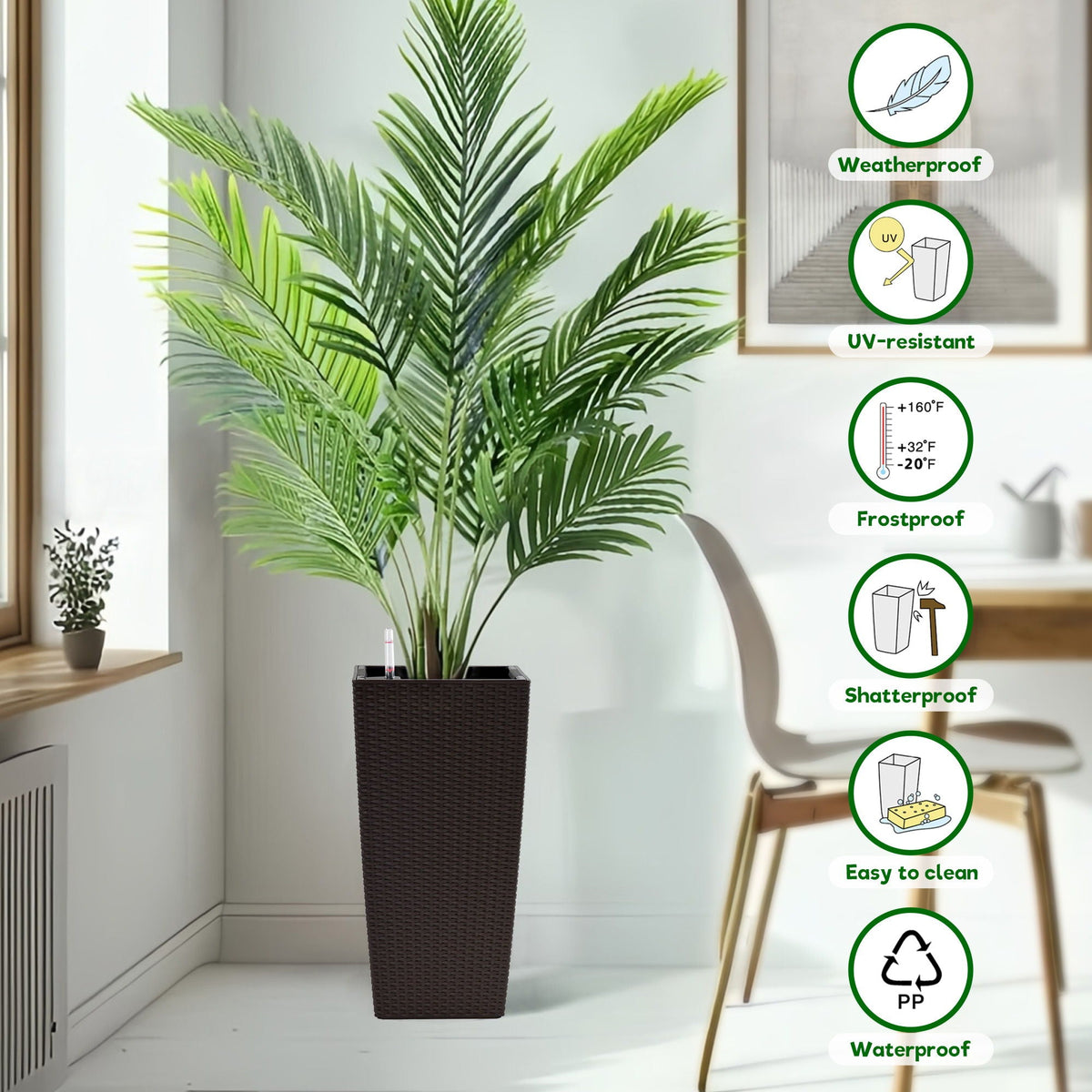 Indoor Outdoor Planter with Automatic Watering System - Dark Brown, Black, or White
