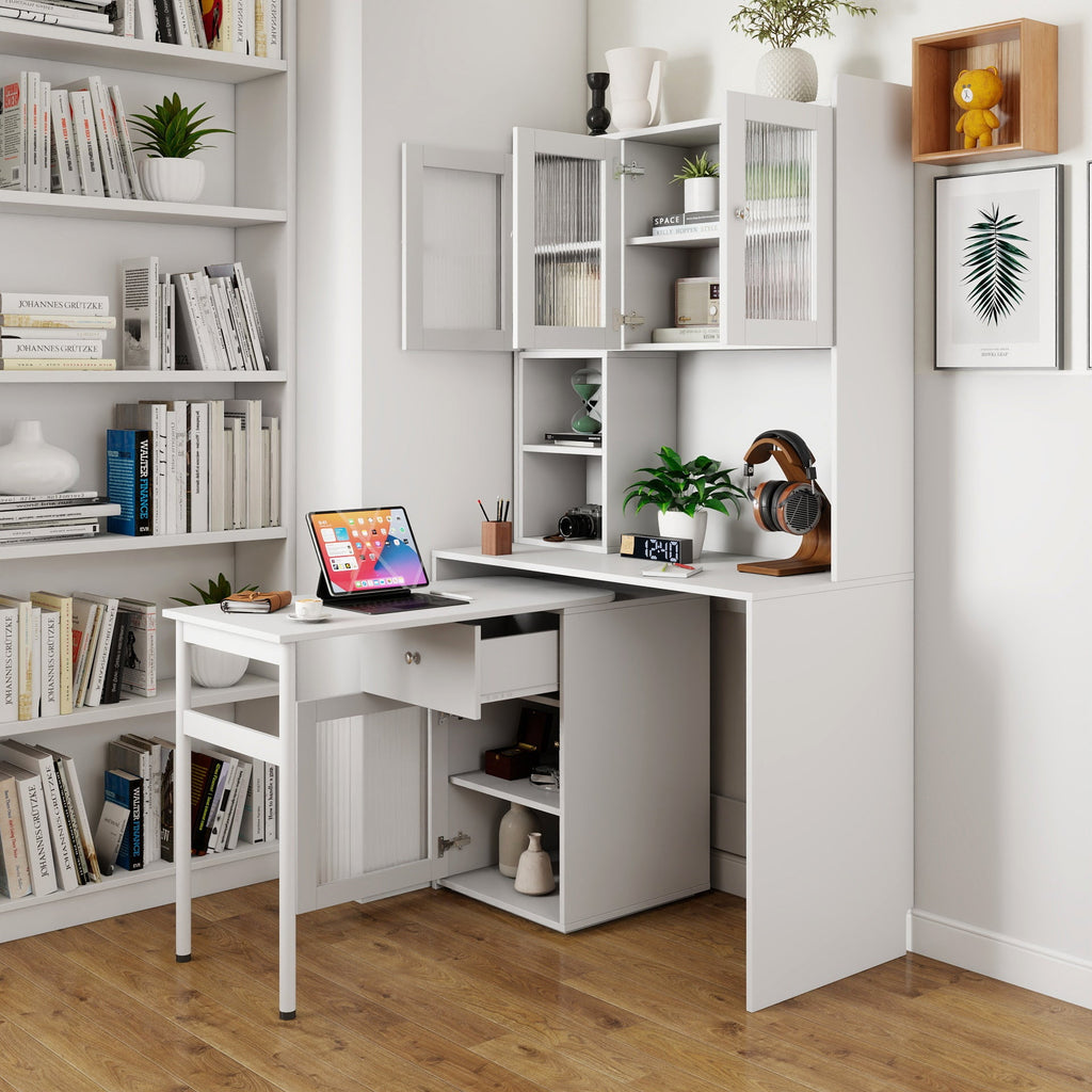 Computer Desk with Glass Door – Ample Storage and Workspace - Brown