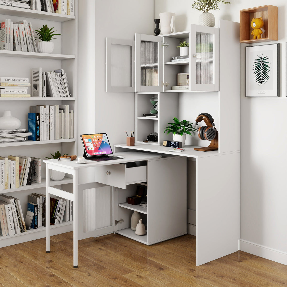 Computer Desk with Glass Door – Ample Storage and Workspace - Brown